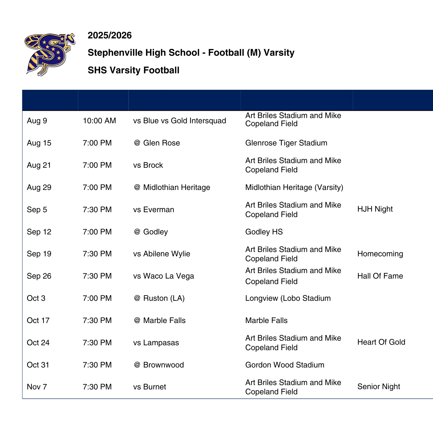 2025 Football Schedule