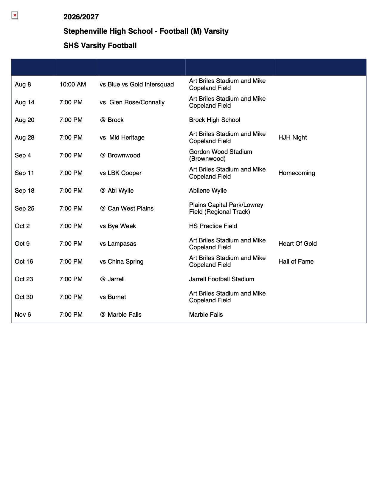 Football Schedule 26 27